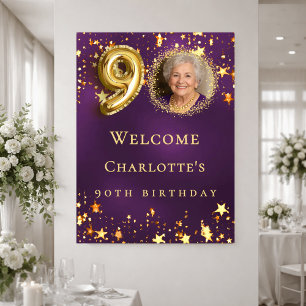90th Birthday purple gold stars photo welcome Poster