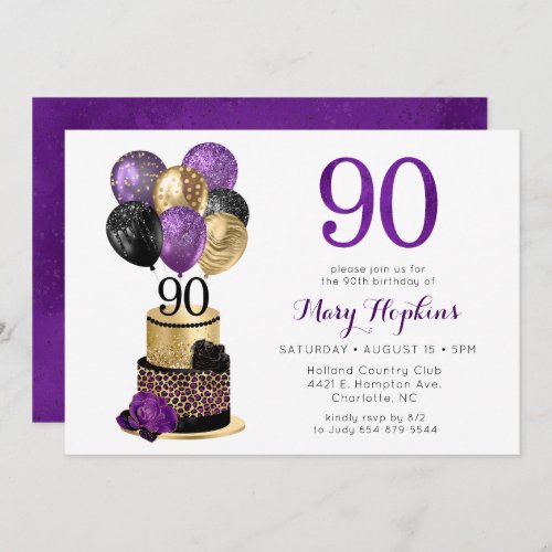 90th Birthday Purple Leopard Cake Invitation