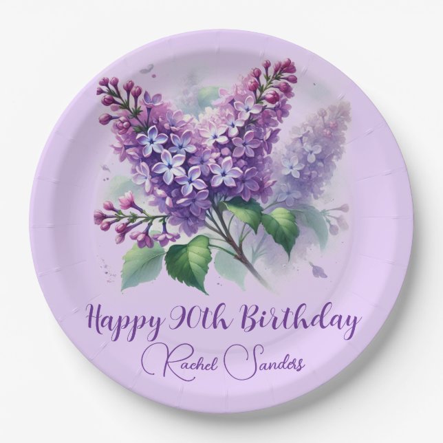90th Birthday Purple Lilac Flowers Spring Paper Plates (Front)