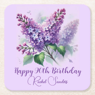 90th Birthday Purple Lilac Flowers Spring Square Paper Coaster