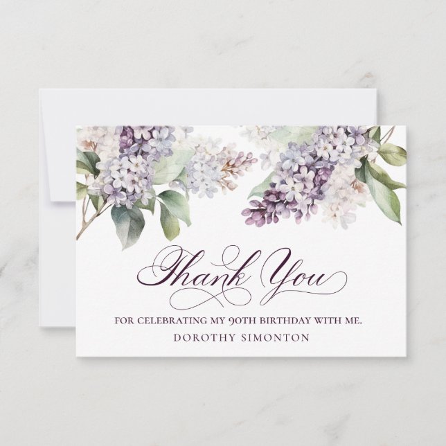 90th Birthday Purple Lilac Spring Flower Thank You Card (Front)