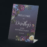 90th Birthday Purple Moody Flower Custom Welcome  Pedestal Sign<br><div class="desc">Moody and mysterious purple roses and peonies set the tone for this elegant 90th birthday welcome pedestal sign. White and blue flowers add a pop of color to the dark watercolor wreath. The white text really pops! Formal but with a modern twist for the woman who has always had a...</div>