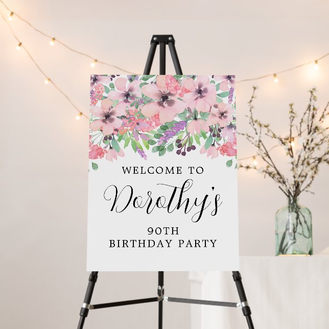 90th Birthday Purple Pink Wildflower Welcome Foam Board (In Situ (Stand))