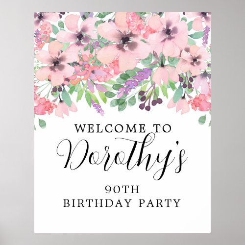 90th Birthday Purple Pink Wildflower Welcome Sign