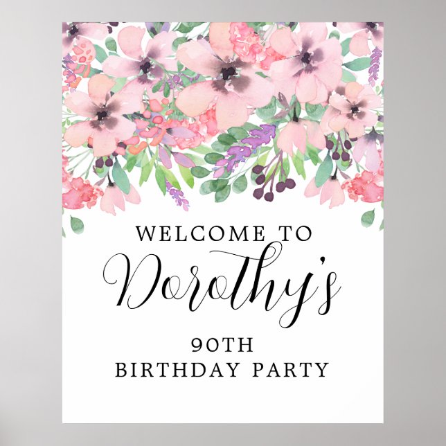 90th Birthday Purple Pink Wildflower Welcome Sign (Front)