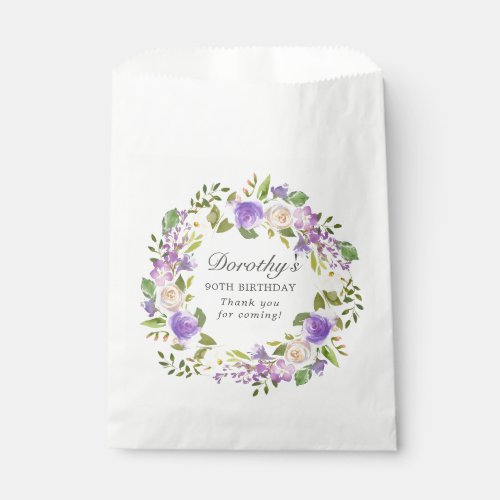 90th Birthday Purple Rose Floral Eucalyptus Wreath Favor Bag