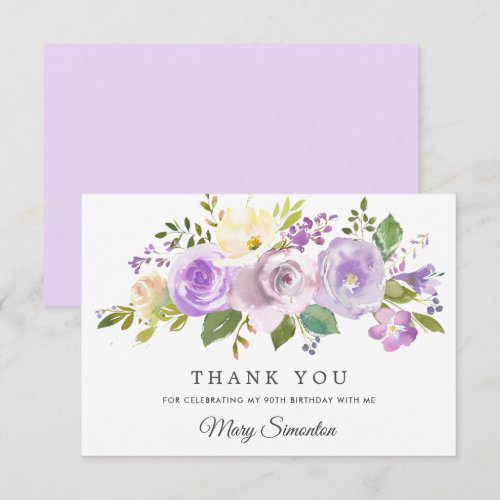 90th Birthday Purple Rose Floral Flat Thank You Note Card