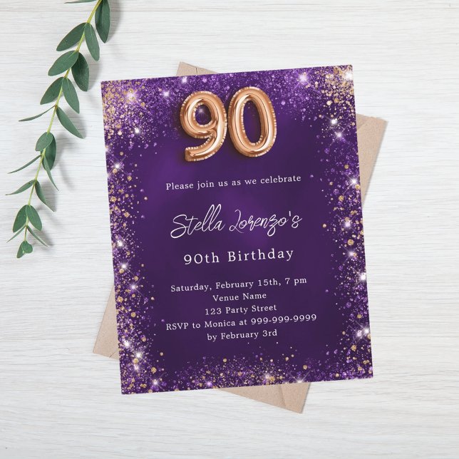 90th Birthday purple rose gold invitation (Creator Uploaded)