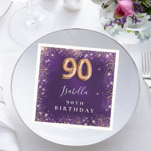 90th birthday purple rose gold name napkins