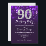90th Birthday - Purple Silver Invitation<br><div class="desc">90th Birthday Invitation.
Elegant purple white design with faux glitter silver. Adult birthday. Features diamonds and script font. men or women bday invite.  Perfect for a stylish birthday party. Message me if you need further customization.</div>