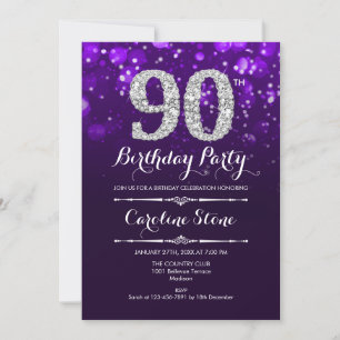 90th Birthday - Purple Silver Invitation