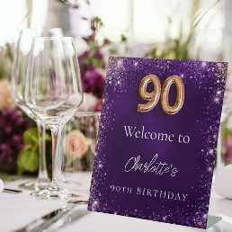 90th birthday purple sparkles welcome pedestal sign