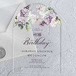 90th Birthday Purple Spring Lilac Flower Arch Acrylic Invitations<br><div class="desc">Soft watercolor purple lilacs create a pretty springtime 90th birthday invitation. The calligraphy adds an elegant aesthetic. It is part of the Purple Spring Lilac Flower collection. It lets you choose a theme and then easily create a unique invitation suite, welcome signs and party decorations. Party planning becomes fun and...</div>