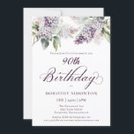 90th Birthday Purple Spring Lilac Flower Invitation<br><div class="desc">Soft watercolor purple lilacs create a pretty springtime 90th birthday invitation. The typography adds an elegant aesthetic. All of the text is editable so you can set just the right tone. You can easily change fonts and color as well. This 90th birthday invitation is available in both traditional cardstock and...</div>