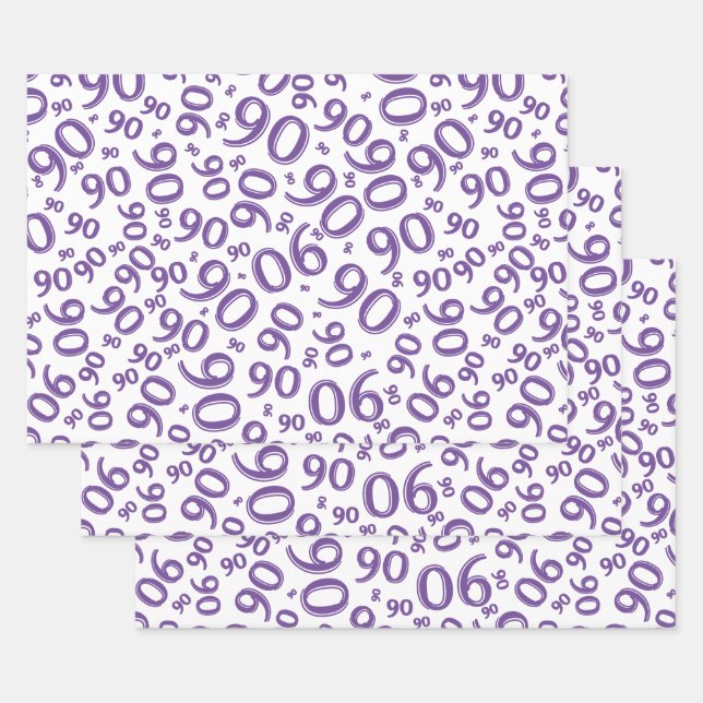 90th Birthday Purple & White Random Number Pattern Wrapping Paper Sheets (Set)