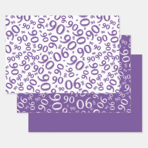 90th Birthday Purple & White Random Number Pattern Wrapping Paper Sheets
