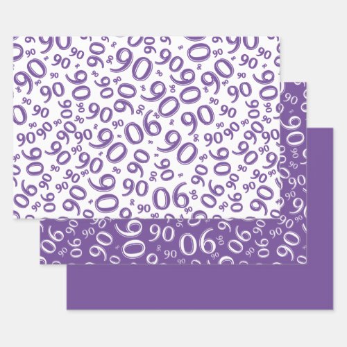 90th Birthday Purple  White Random Number Pattern Wrapping Paper Sheets