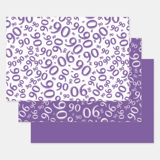 90th Birthday Purple & White Random Number Pattern Wrapping Paper Sheets (Set)