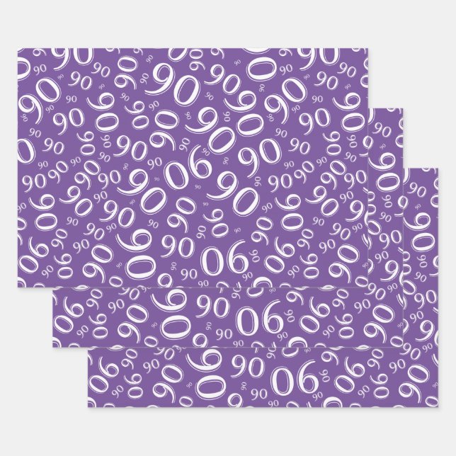 90th Birthday Purple & White Random Number Pattern Wrapping Paper Sheets (Set)