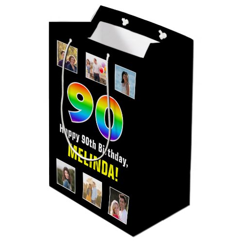 90th Birthday Rainbow 90 Custom Photos  Name Medium Gift Bag