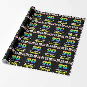 90th Birthday: Rainbow “90“; Custom Photos & Name Wrapping Paper