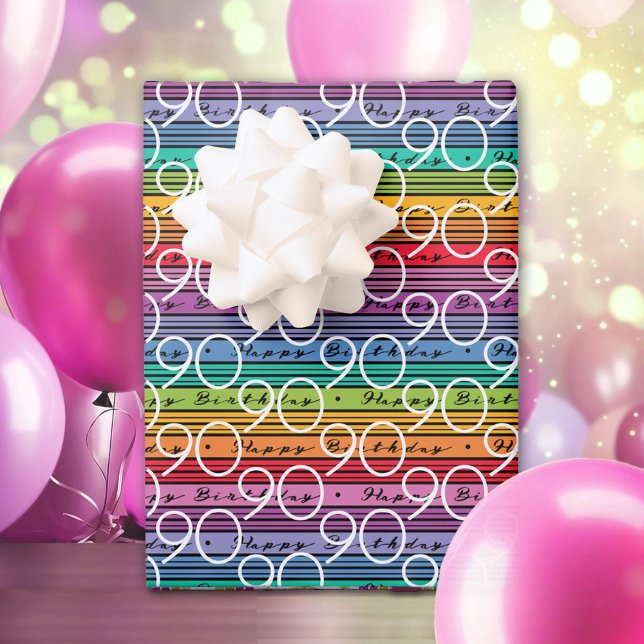 90th Birthday Rainbow Stripes Wrapping Paper Sheets (Creator Uploaded)