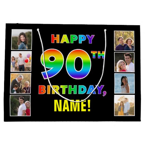 90th Birthday Rainbow Text Custom Photos  Name Large Gift Bag