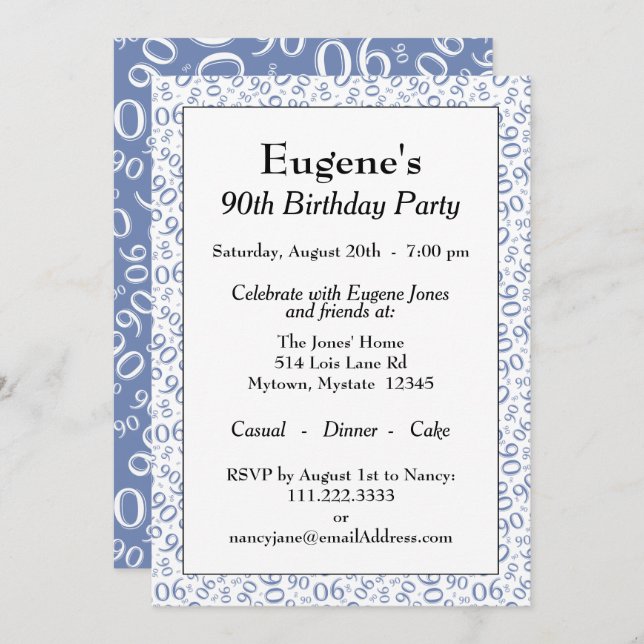 90th Birthday Random Number Pattern Blue/White Invitation (Front/Back)