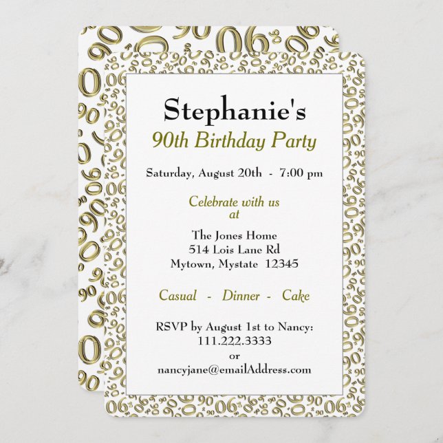 90th Birthday Random Number Pattern Gold/White Invitation (Front/Back)
