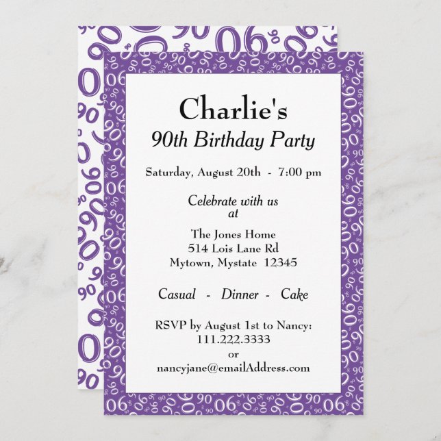90th Birthday Random Number Pattern Purple/White Invitation (Front/Back)