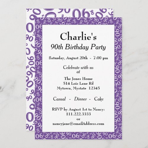 90th Birthday Random Number Pattern PurpleWhite Invitation