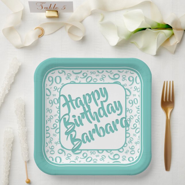 90th Birthday Random Number Pattern Teal White Paper Plates (Wedding)