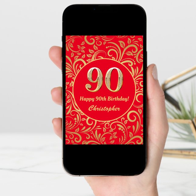 90th Birthday Red and Gold Floral Pattern Card (Front Digital)