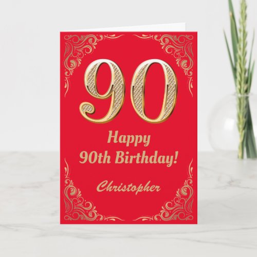 90th Birthday Red and Gold Glitter Frame Card