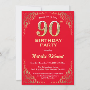 90th Birthday Red and Gold Glitter Frame Invitation