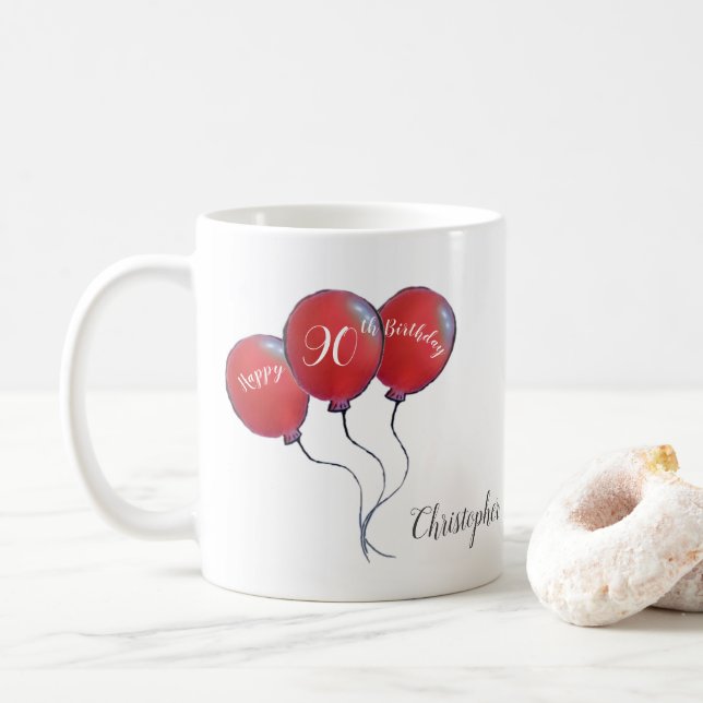 90th birthday red balloon gift coffee mug (With Donut)
