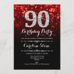 90th Birthday - Red Black Silver Invitation<br><div class="desc">90th Birthday Invitation.
Elegant red black white design with faux glitter silver. Adult birthday. Features diamonds and script font. men or women bday invite.  Perfect for a stylish birthday party. Message me if you need further customization.</div>