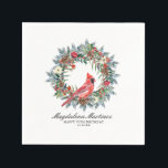 90th Birthday Red Cardinal Wreath Custom Cocktail Napkins<br><div class="desc">Elegant watercolor red cardinal framed by a classic winter pine wreath. Red and white flowers,  berries and pinecones add to the greenery. Three lines of text let you customize your party supplies.</div>