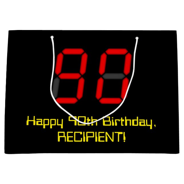 90th Birthday: Red Digital Clock Style "90" + Name Large Gift Bag (Front)