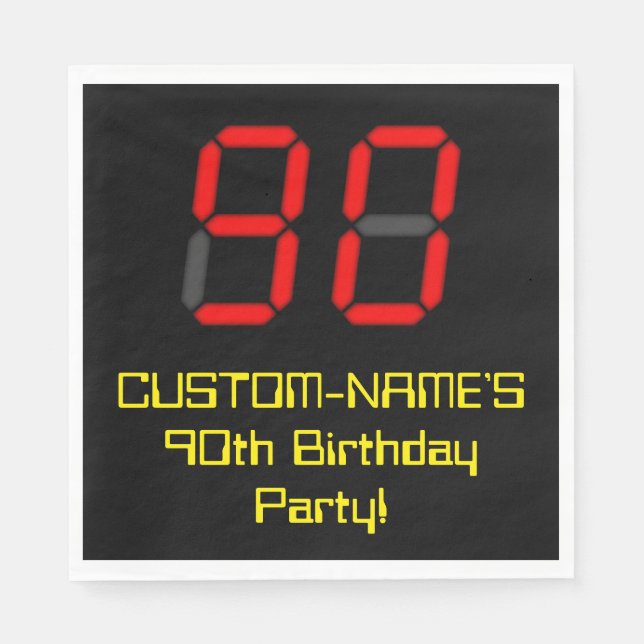 90th Birthday: Red Digital Clock Style "90" + Name Napkins (Front)