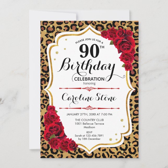 90th Birthday - Red Gold Leopard Print Invitation (Front)