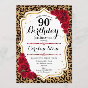 90th Birthday - Red Gold Leopard Print Invitation