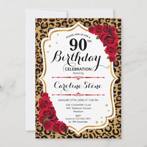 90th Birthday _ Red Gold Leopard Print Invitation