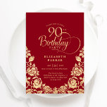 90th Birthday Red Gold Roses Invitation<br><div class="desc">Red gold elegant 90th birthday party invitation. Classy design featuring roses,  faux gold foil and typography script font. Trendy invite card perfect for a stylish female bday celebration. Personalize with your own details. Can be customized to any age. Printed Zazzle invitations or instant download digital printable template.</div>