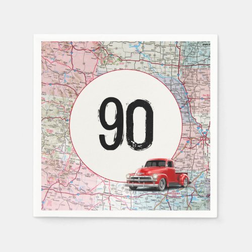 90th Birthday Red Retro Truck on Road Map Napkins