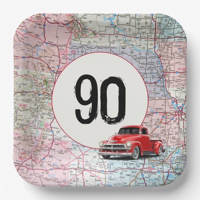90th Birthday Red Retro Truck on Road Map Paper Plates (Front)