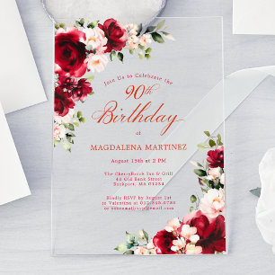 90th Birthday Red Rose Pink Peony Floral Acrylic Invitations
