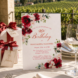 90th Birthday Red Rose Pink Peony Floral Invitation