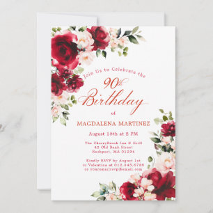 90th Birthday Red Rose Pink Peony Floral Invitation