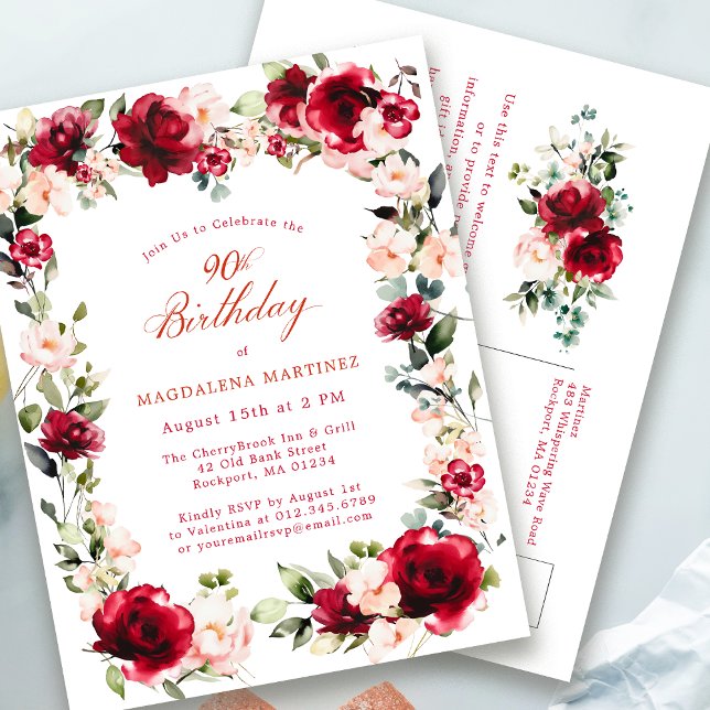 90th Birthday Red Rose Pink Peony Invitation Postcard (Creator Uploaded)